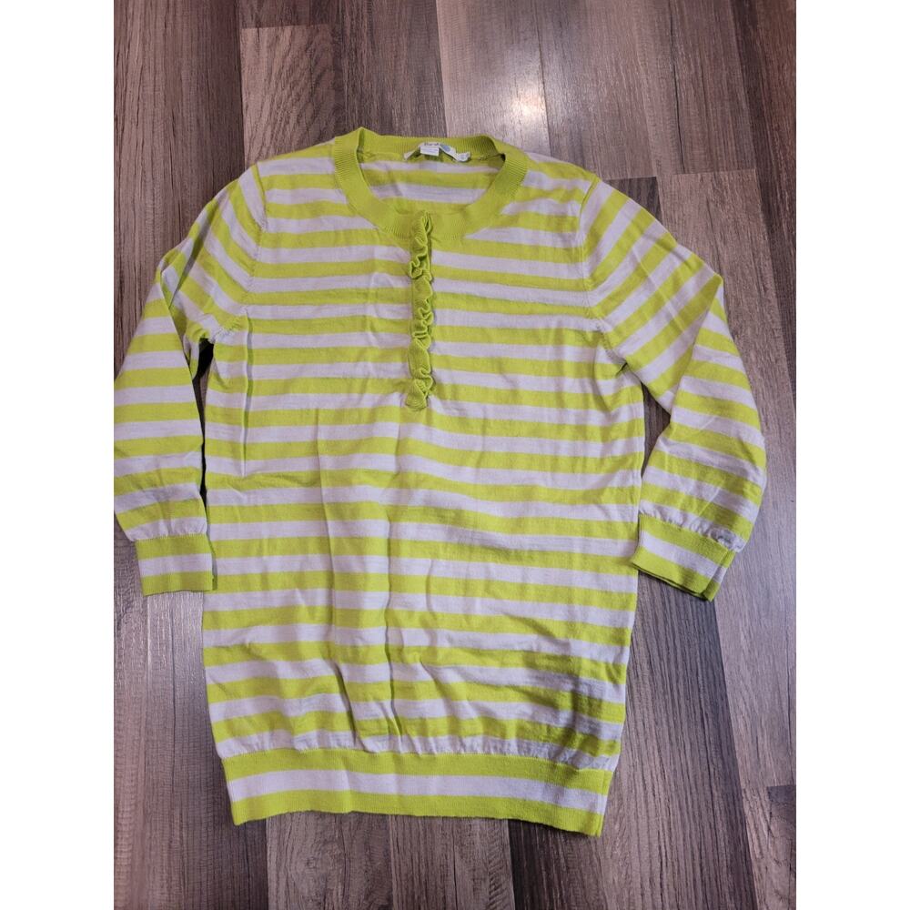 Boden Pullover Henley Sweater Ruffle Green Stripe Wool Women's Sweater Size 8